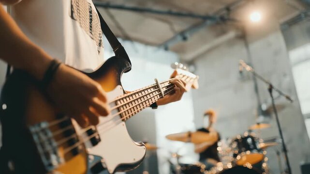 Close up of musician playing electric bass guitar during band rehearsal in modern studio with blurred drummer in background. Creative atmosphere and passion for music fill the industrial space