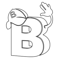 Animated B Letter: A playful cartoon B letter, complete with a baseball cap and friendly hand, is rendered in clean lines and ready for creative coloring. 