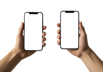 Two hands hold smartphones with blank white screens against a stark white background, evenly lit, creating a clean, modern, and neutral presentation.
