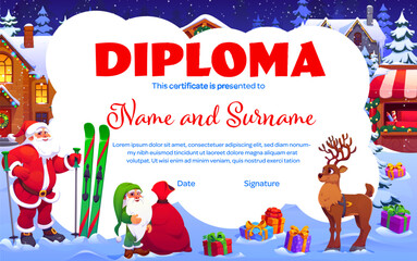 Merry Christmas kids diploma certificate template with Santa holding skis, elf in green costume near red gift sack, and reindeer. Vector diploma with gift boxes on snow, night town with market kiosks