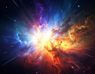 Vivid nebula explosion, radiating colors through dark, starry space