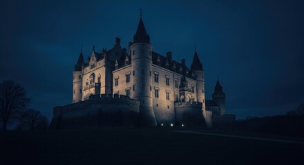 Fototapeta premium A majestic, illuminated castle stands silhouetted against a deep twilight sky. 