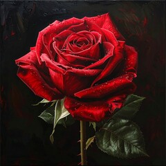 Vivid oil painting of a single, dew-kissed red rose against a dark background