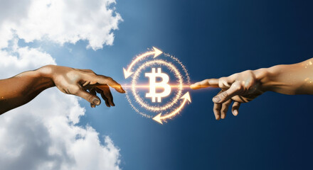 Two hands touch as if exchanging Bitcoin, set against a blue sky with clouds. Illustrates digital finance, cryptocurrency, and the future of online transactions.
