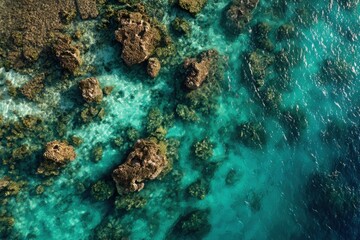 Fototapeta premium Aerial View of Rocky Coastline with Clear Turquoise Water and Coral Reefs Underneath in Bright Tropical Environment