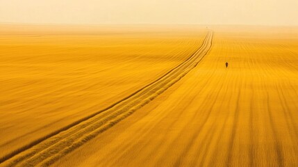 Lone walker on golden wheat fields rural landscape aerial view peaceful environment nature concept