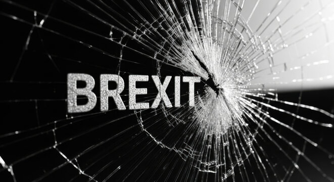 Close-up shot of the word 'BREXIT' behind cracked glass with white glow. Symbolic of a broken agreement, cracks signify damage and political issues on black backdrop.