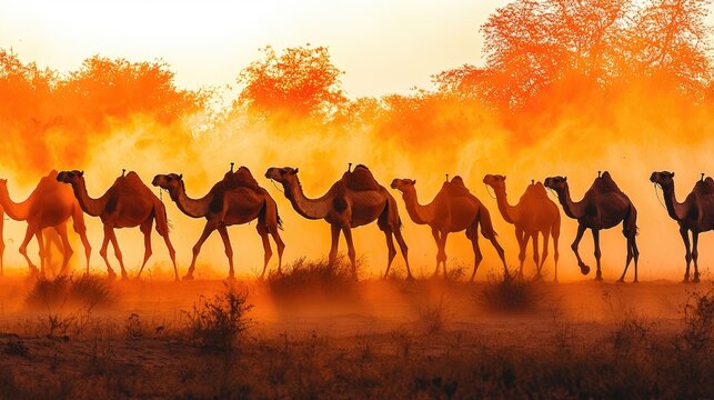 Majestic camel caravan crossing desert landscape at sunset nature photography warm dusty environment - Powered by Adobe