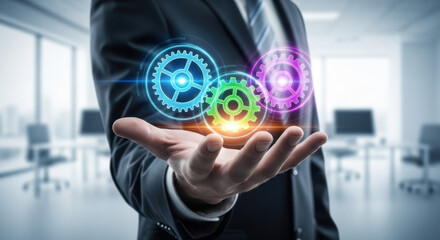 A businessman presents holographic gears in a modern office. Illustrates business concepts, innovation, and technology in a professional setting.
