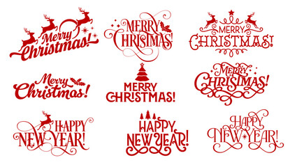 Merry Christmas and happy New Year lettering greetings, festive calligraphy font with swirls, reindeer and holiday symbols. Vector red typography, seasonal messages for winter celebration cards