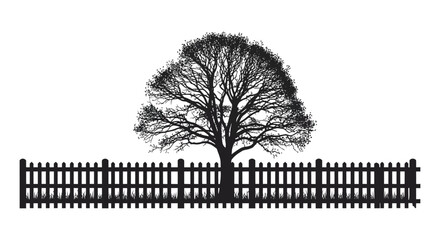 A striking black and white image of a tree and fence in a detailed silhouette