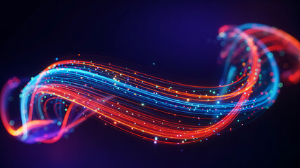 Futuristic blue glowing wave lines design with a bright DNA strand illustration on a black background, suggesting dark fractal energy motion in space