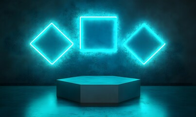 3D rendering of glowing blue neon light with a podium for product display presentation on a dark background, a glowing square shape,