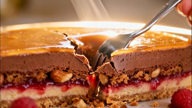 Decadent Chocolate Raspberry Cheesecake with Caramel Topping Being Cut With a Fork