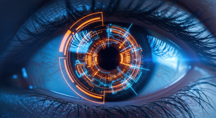 Detailed close-up captures a human eye overlaid with intricate orange and blue digital circuitry, symbolizing futuristic technology and virtual reality.