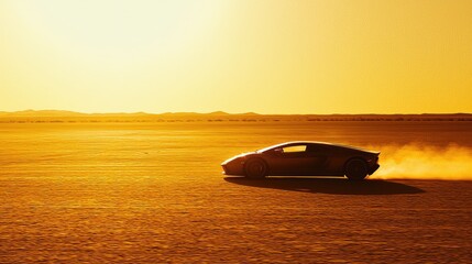 Car drifting at sunset desert location dynamic image warm environment low angle speed and freedom concept