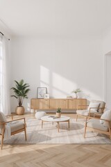 Fototapeta premium Decorative blank canvas hanging on the white wall in minimalist living room beside wooden cabinet white couch and rattan furniture interior design mockup template