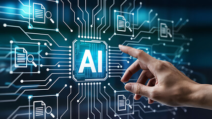Circuit board in hand represents the future concept of digital technology, connecting business data with engineering design and communication networks