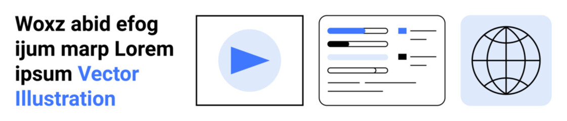 Digital marketing, online learning, communication, globalization, web design, media interfaces. Blue play button, a document interface and a globe icon. Digital marketing and online learning concept