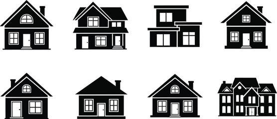 Variety of black house silhouettes modern and classic designs on transparent background