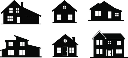 Simple black house icons set various styles ideal for design on transparent background silhouette