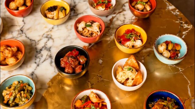 Delicious Appetizers Arranged Neatly on a Marble Tabletop with Golden Accents