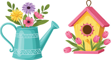 Cartoon-style spring garden illustration featuring floral watering can, blooming tulips, and decorative birdhouse for seasonal design use © rakib's world