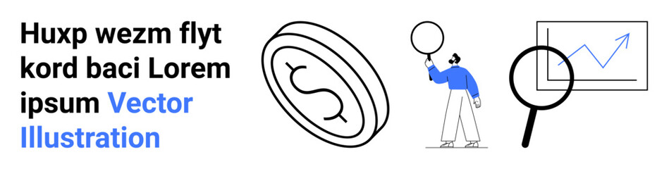 Coin, person holding balloon near magnifying glass, and line graph promoting analysis, strategy, finance, marketing, growth, research, and simple landing page