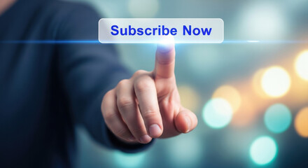 A finger touches a glowing 'Subscribe Now' button, floating over a bokeh background. A symbol of digital communication, online connection, and interactive technology.