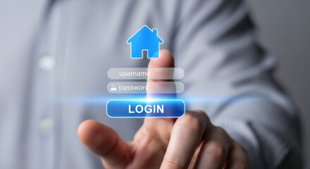 Finger Touching Blue Login Button On Digital Interface With House Icon And Information Fields In Soft Focus Setting