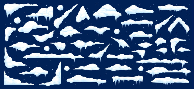 Christmas snow caps on roofs and windows, vector cartoon winter snowball and snowflakes. Snow drifts or snowy ice piles of thick frost, frozen roofs and window edges covered with snow caps effect