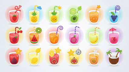 Colorful Fresh Fruit Juice and Smoothie Icons Set