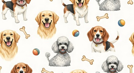 Cheerful Canine Companions and Playful Pet Toys Seamless Pattern Illustration, Perfect for Fabric, Wallpaper, and Digital Backgrounds, Showcasing a Variety of Happy Dog Breeds