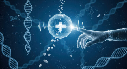 Digital rendering of a glowing hand interacting with medical symbol and DNA strands. Illustrates healthcare, research, and technological advancements in a deep blue background.