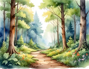 Watercolor forest scene with trees, path, and dappled sunlight