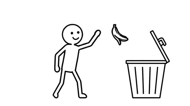 Cartoon Stickman Character Happily Disposing of Banana Peel and Apple Core into Open Trash Can with Lid Up on White Background