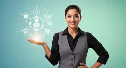 A smiling young professional woman presents glowing digital business icons in her hand against a clean teal background