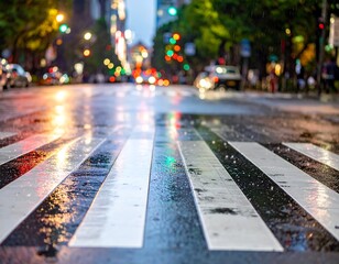 Wet street with zebra crossing, reflecting lights, in evening