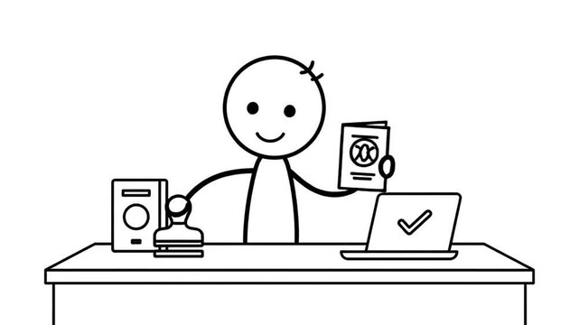 Cartoon Stickman Character Verifies Passport Validity at Desk with Laptop and Passport Documents in Simple Line Art Style