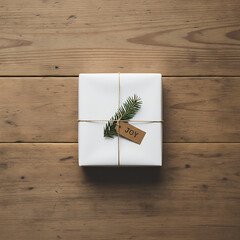 Elegant White Gift Box with Green Tag on Rustic Wood