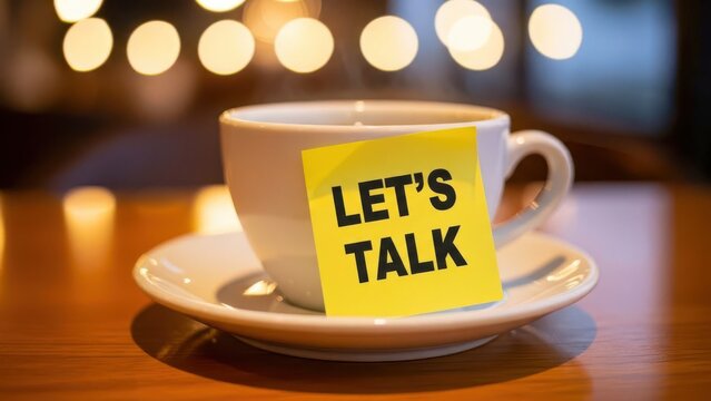 Coffee cup with a yellow sticky note that says let s talk