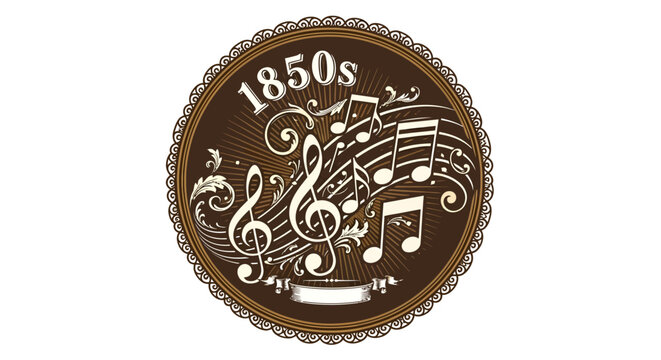 Sepia-toned vintage music emblem displaying the year 1850s with flowing musical staves, notes, and decorative lace-like edges.
