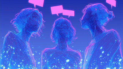 Futuristic digital human heads connected by glowing neural networks in a dark space