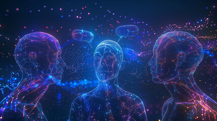 Multiple digital human profiles connected in a glowing network, futuristic AI communication concept