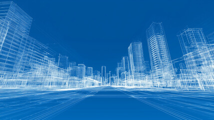 Digital wireframe cityscape with skyscrapers on a blue background