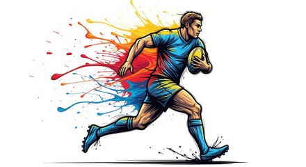 Rugby player in motion with vibrant paint splash effect