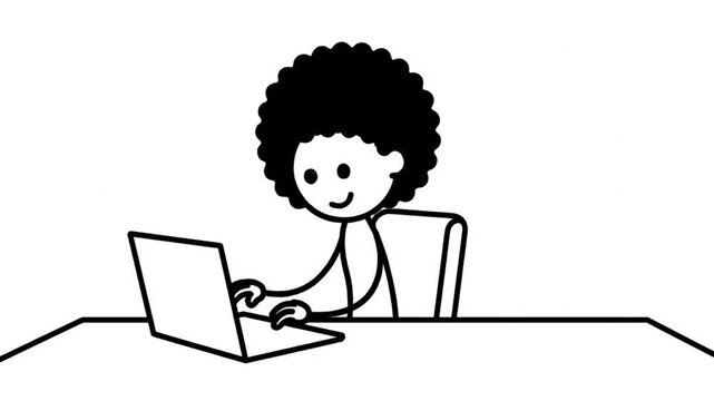 Simple Cartoon Stickman Character With Afro Hairstyle Typing On Laptop Computer Sitting At Desk In Office Environment With Minimalist White Background Lively