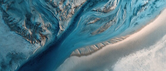 Aerial view of river delta with stunning patterns in blue and sandy tones showcasing natural artistry and geological features