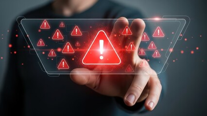 Hand interacting with digital warning alert isolated on white background, Vector, illustration