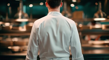 A chef stands confidently in a bustling kitchen, ready to create culinary masterpieces in a professional environment.